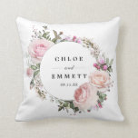 Blush Pink Floral Bridal Wedding Throw Pillow<br><div class="desc">Elegant and chic blush pink flowers create a beautiful wreath. It frames the wedding couple's names and wedding date. The newlyweds will love using this lovely reminder of their special day. This personalized wedding pillow is part of the Autumn Red collection. It contains many gift ideas for the newlyweds, bridal...</div>