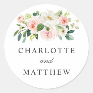 Blush Pink Floral Bride and Groom Names Classic Round Sticker