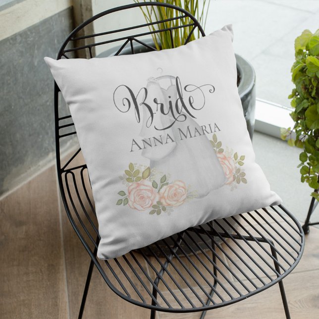 Blush pink Floral Bride Personalized Decor Throw Pillow (Elegant Bride wedding dress with blush floral roses. )
