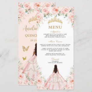Blush Pink Floral Brown Princess Quinceañera Menu