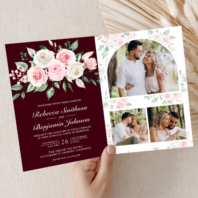 Blush Pink Floral Burgundy QR Code Wedding Invitation (Creator Uploaded)