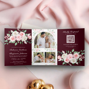 Blush Pink Floral Burgundy QR Code Wedding Tri-Fold Invitation