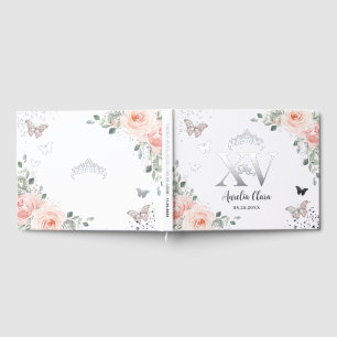 Blush Pink Floral Butterflies Silver Quinceañera Guest Book