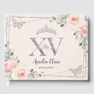 Blush Pink Floral Butterflies Silver Quinceañera Guest Book