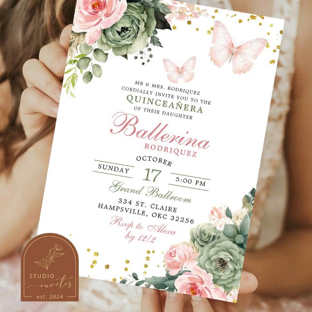 Blush Pink Floral Butterfly Quinceanera Invitation (Creator Uploaded)
