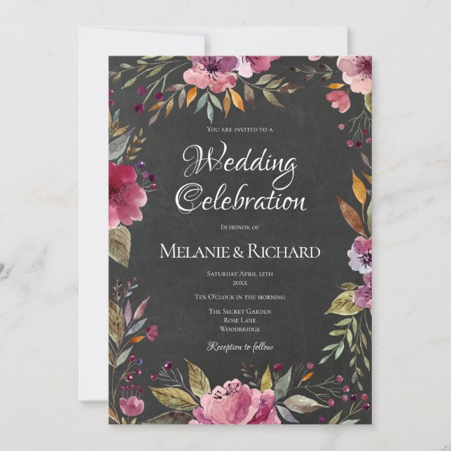 Blush Pink Floral Chalkboard Wedding Invitation (Front)