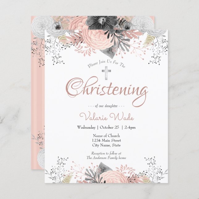 Blush Pink Floral Christening Budget Invitations (Front/Back)