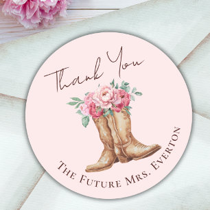 Blush Pink Floral Cowgirl Bridal Shower Thank You Classic Round Sticker