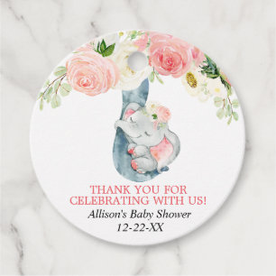 Blush pink floral cute baby elephant favour tags