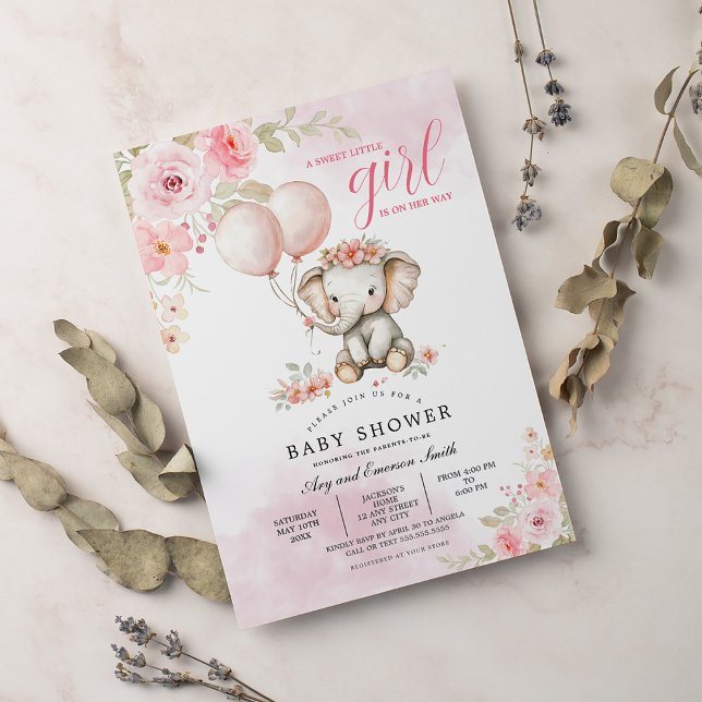 Blush Pink Floral Cute Elephant Baby Shower Invitation (Creator Uploaded)