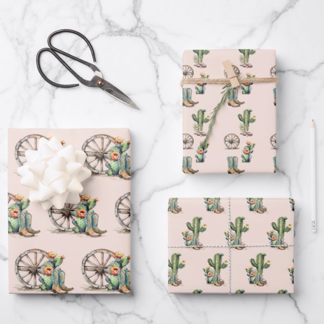 Blush Pink Floral Desert Cactus Western Boots Wrapping Paper Sheet (Front)