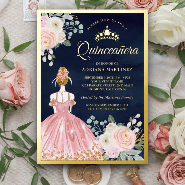 Blush Pink Floral Dress Navy Blue Quinceanera Gold (Creator Uploaded)