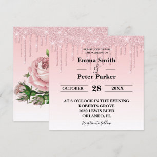Blush Pink Floral Dripping Glitter Wedding Invitation
