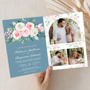 Blush Pink Floral Dusty Blue QR Code Wedding Invitation