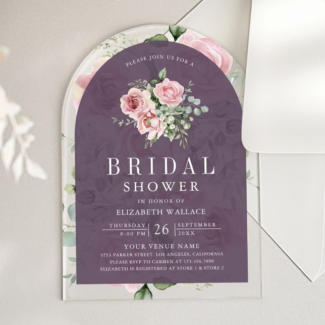 Blush Pink Floral Dusty Purple Bridal Shower Acrylic Invitations (Creator Uploaded)