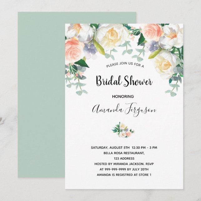 Blush pink floral eacalyptus green bridal shower invitation (Front/Back)