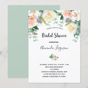 Blush pink floral eacalyptus green bridal shower invitation