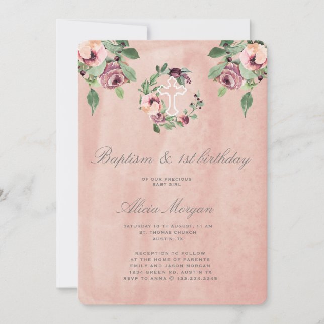 blush pink floral elegant baptism first birthday invitation (Front)