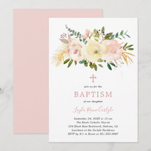 Blush Pink Floral Elegant Baptism Invitation
