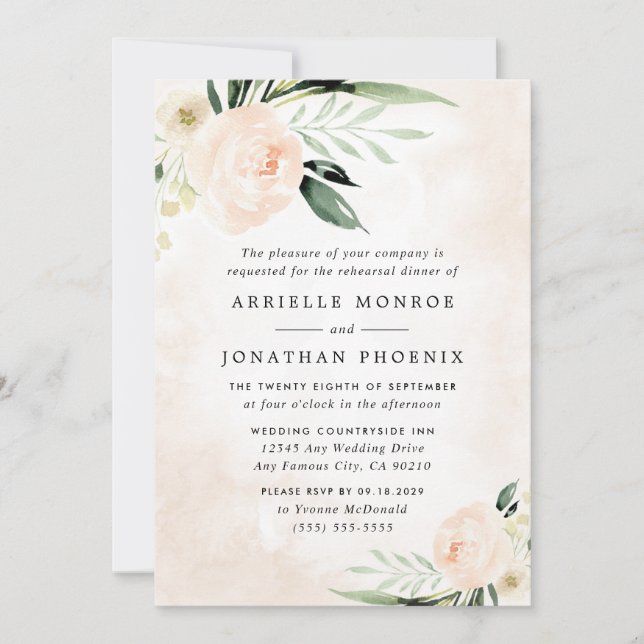 Blush Pink Floral Elegant Garden Rehearsal Dinner Invitation (Front)