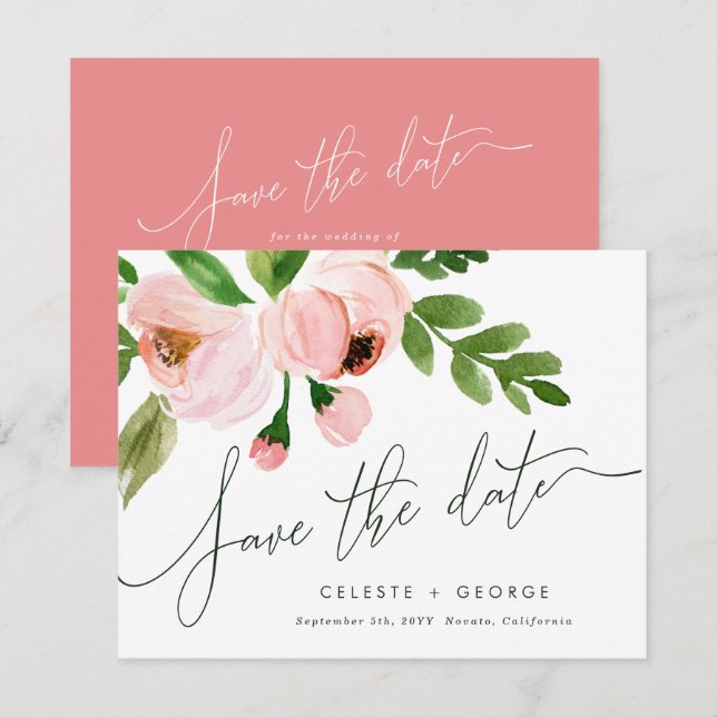 Blush pink floral elegant save the date announcement (Front/Back)