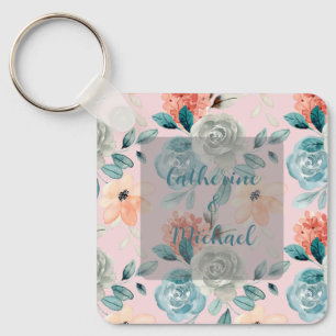 Blush Pink Floral Elegant Wedding Calligraphy Keychain