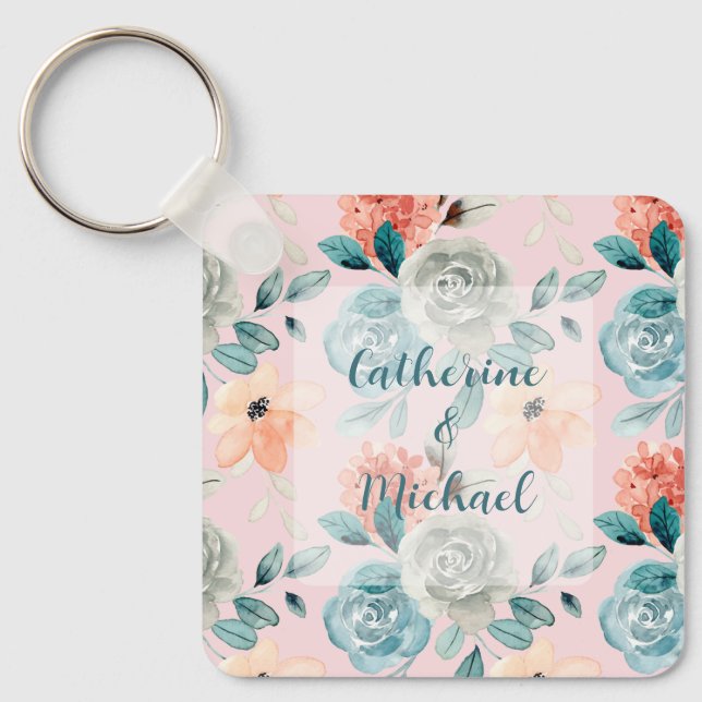 Blush Pink Floral Elegant Wedding Calligraphy  Keychain (Front)