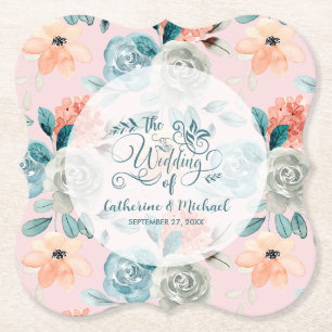 Blush Pink Floral Elegant Wedding Calligraphy Paper Coaster