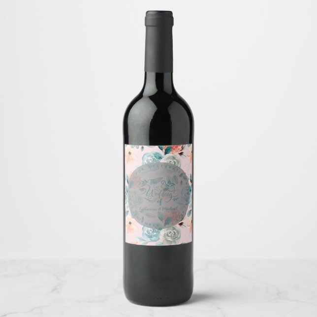 Blush Pink Floral Elegant Wedding Calligraphy Wine Label (Front)