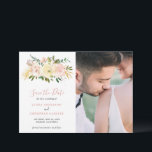 Blush Pink Floral Elegant Wedding Save The Date<br><div class="desc">Romantic floral wedding Save the Date card featuring watercolor flowers in blush pink, dusty rose, champagne and ivory along with gold accent pieces. The header is in an elegant script and your favourite picture is on the right. This photo Save the Date card is perfect for a spring or summer...</div>