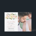 Blush Pink Floral Elegant Wedding Save The Date<br><div class="desc">Romantic floral wedding Save the Date card featuring watercolor flowers in blush pink, dusty rose, champagne and ivory along with gold accent pieces. The header is in an elegant script and your favourite picture is on the right. This photo Save the Date card is perfect for a spring or summer...</div>