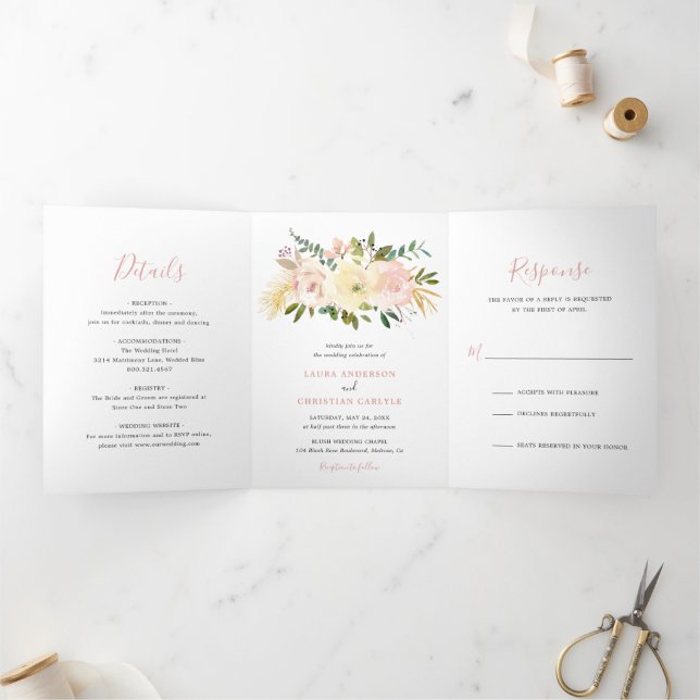 Blush Pink Floral Elegant Wedding Tri-Fold Invitation (Inside)