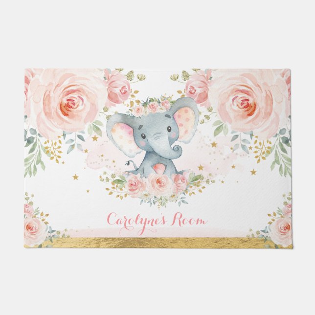 Blush Pink Floral Elephant Baby Girl Nursery Room Doormat (Front)