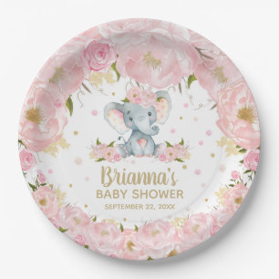 Blush Pink Floral Elephant Baby Shower Birthday Paper Plate