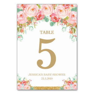 Blush Pink Floral Elephant Baby Shower Girl Table Number