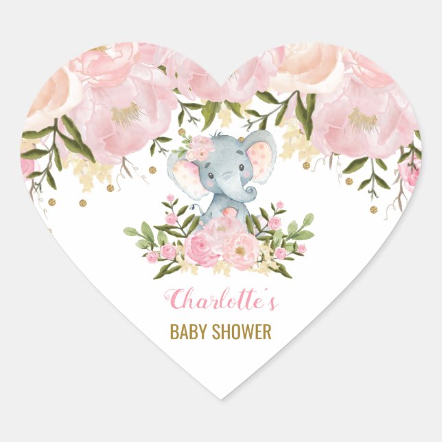 Blush Pink Floral Elephant Baby Shower Party Favou Heart Sticker (Front)