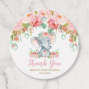 Blush Pink Floral Elephant Baby Shower Thank You Favour Tags