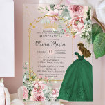 Blush Pink Floral Emerald Quinceañera Sweet 16<br><div class="desc">Personalize this elegant blush pink floral greenery Quinceañera / Sweet 16 birthday acrylic invitation easily and quickly. Simply click the customize it further button to edit the texts, change fonts and fonts colours. Featuring beautiful blush pink roses, greenery and a girl dressed in an emerald green ball gown. Matching items...</div>