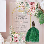 Blush Pink Floral Emerald Quinceañera Sweet 16 15<br><div class="desc">Personalize this elegant blush pink floral greenery Quinceañera / Sweet 16 birthday acrylic invitation easily and quickly. Simply click the customize it further button to edit the texts, change fonts and fonts colours. Featuring beautiful blush pink roses, greenery and a girl dressed in an emerald green ball gown. Matching items...</div>