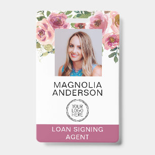 Blush Pink Floral Employee Photo Logo Barcode  Badge