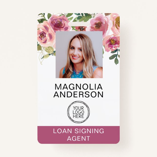 Blush Pink Floral Employee Photo Logo Barcode  Badge (Front)