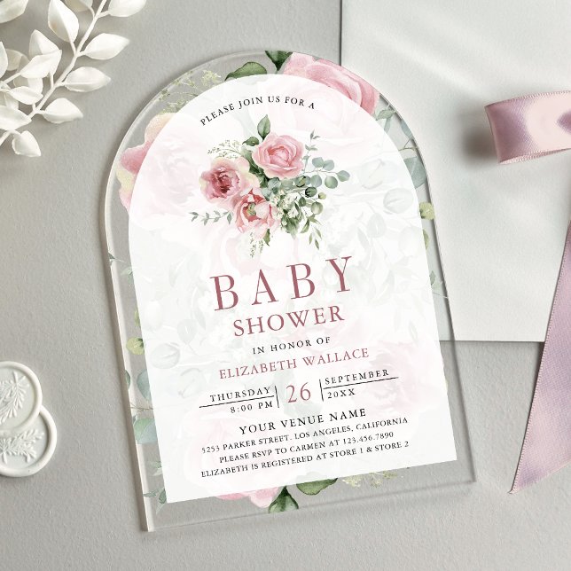 Blush Pink Floral Eucalyptus Baby Shower Acrylic Invitations (Creator Uploaded)