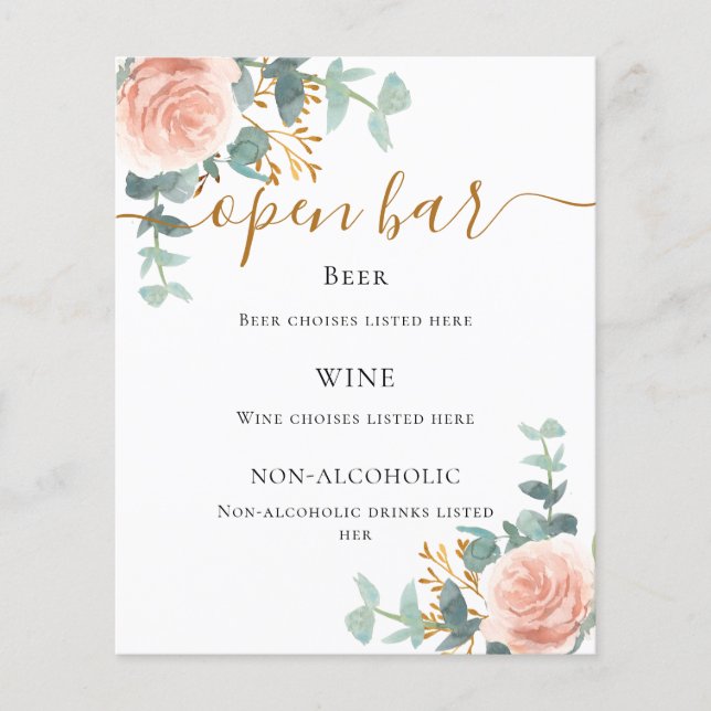 Blush pink floral eucalyptus bar menu (Front)