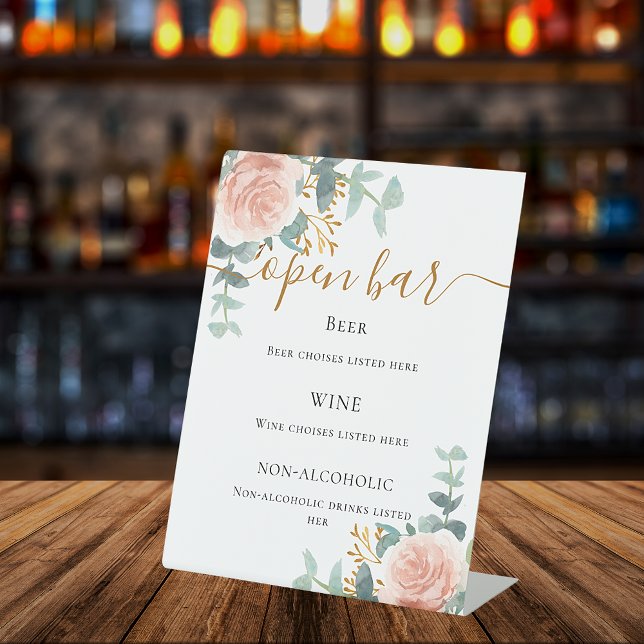 Blush pink floral eucalyptus bar menu pedestal sign (Creator Uploaded)