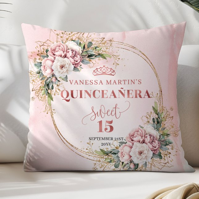 Blush Pink Floral Eucalyptus Best Gift Sweet 15th Throw Pillow (Blush Pink Floral Eucalyptus Best Gift Sweet 15 Pillow)
