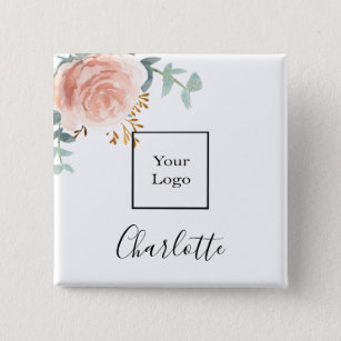 Blush pink floral eucalyptus business name tag 2 inch square button