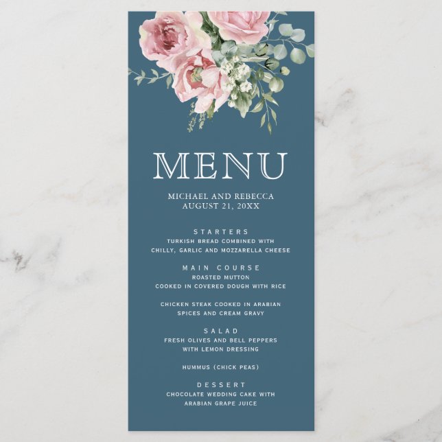 Blush Pink Floral Eucalyptus Dusty Blue Wedding Menu (Front)