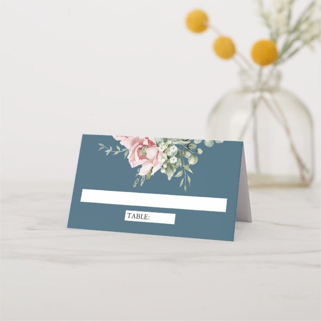 Blush Pink Floral Eucalyptus Dusty Blue Wedding Place Card (Front)
