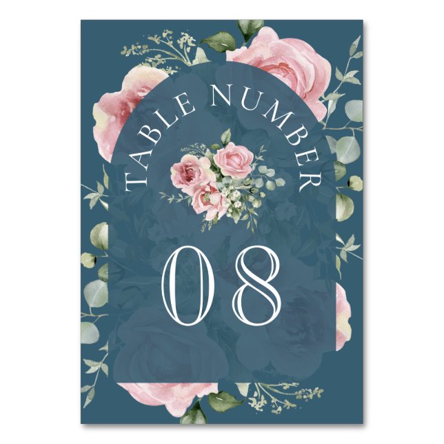 Blush Pink Floral Eucalyptus Dusty Blue Wedding Table Number (Front)