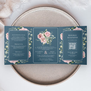 Blush Pink Floral Eucalyptus Dusty Blue Wedding Tri-Fold Invitation